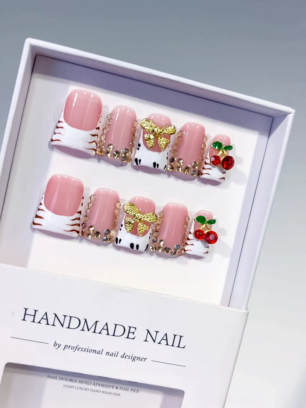 Pink White Gold Red French tip Bow Cherry Rhinestone 3D press on nails