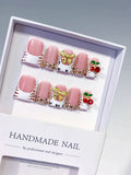 Pink White Gold Red French tip Bow Cherry Rhinestone 3D press on nails