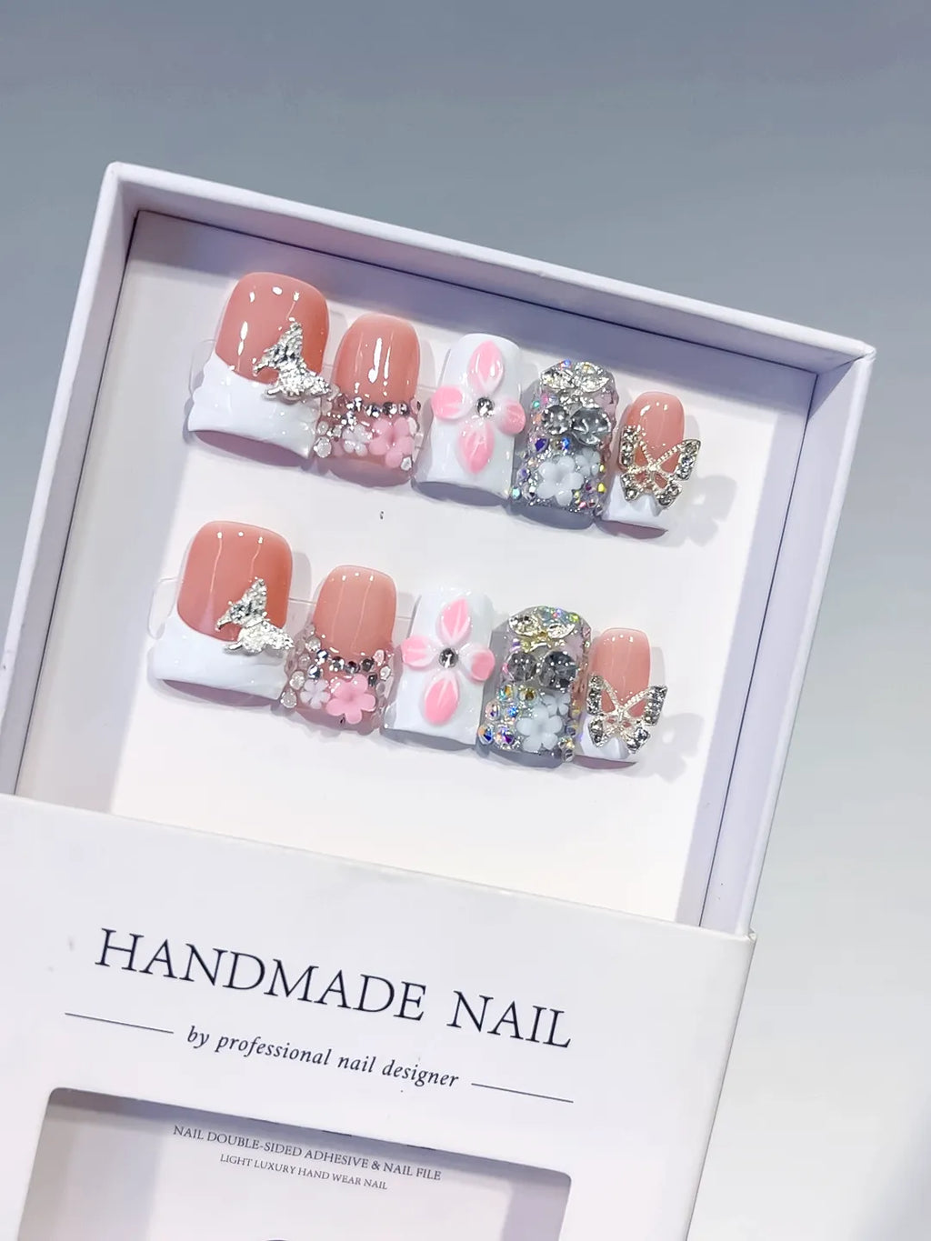 Nude White Pink Silver French tip Butterfly Flower Rhinestone 3D press on nails