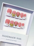 Pink White Gold French tip Bow Flower Chain 3D press on nails