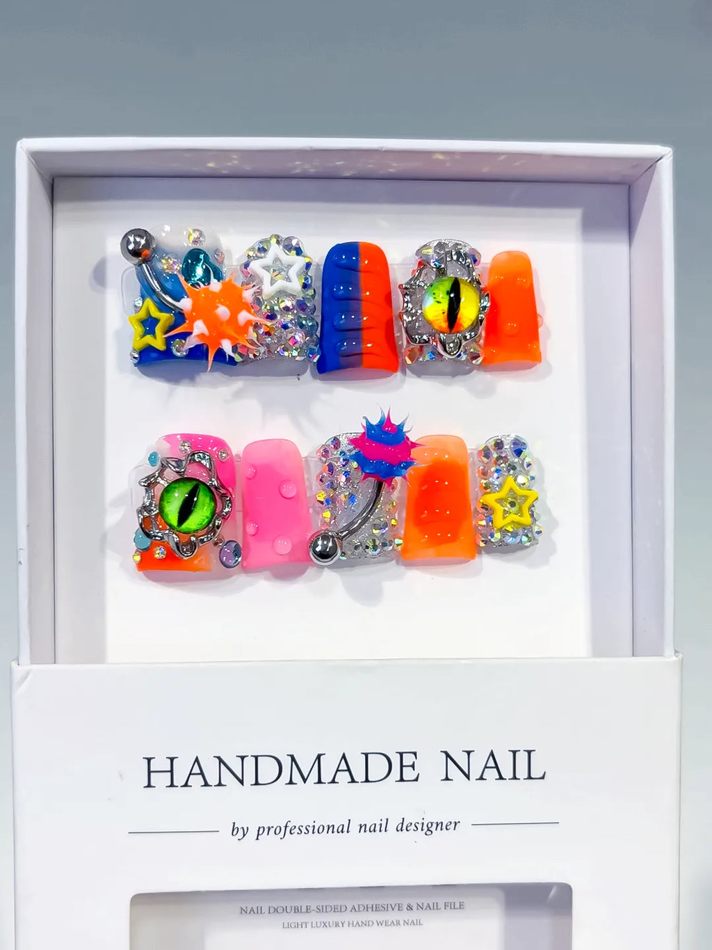 Blue Orange Pink Silver Black Yellow Abstract Star Eye Rhinestone 3D press on nails full set view
