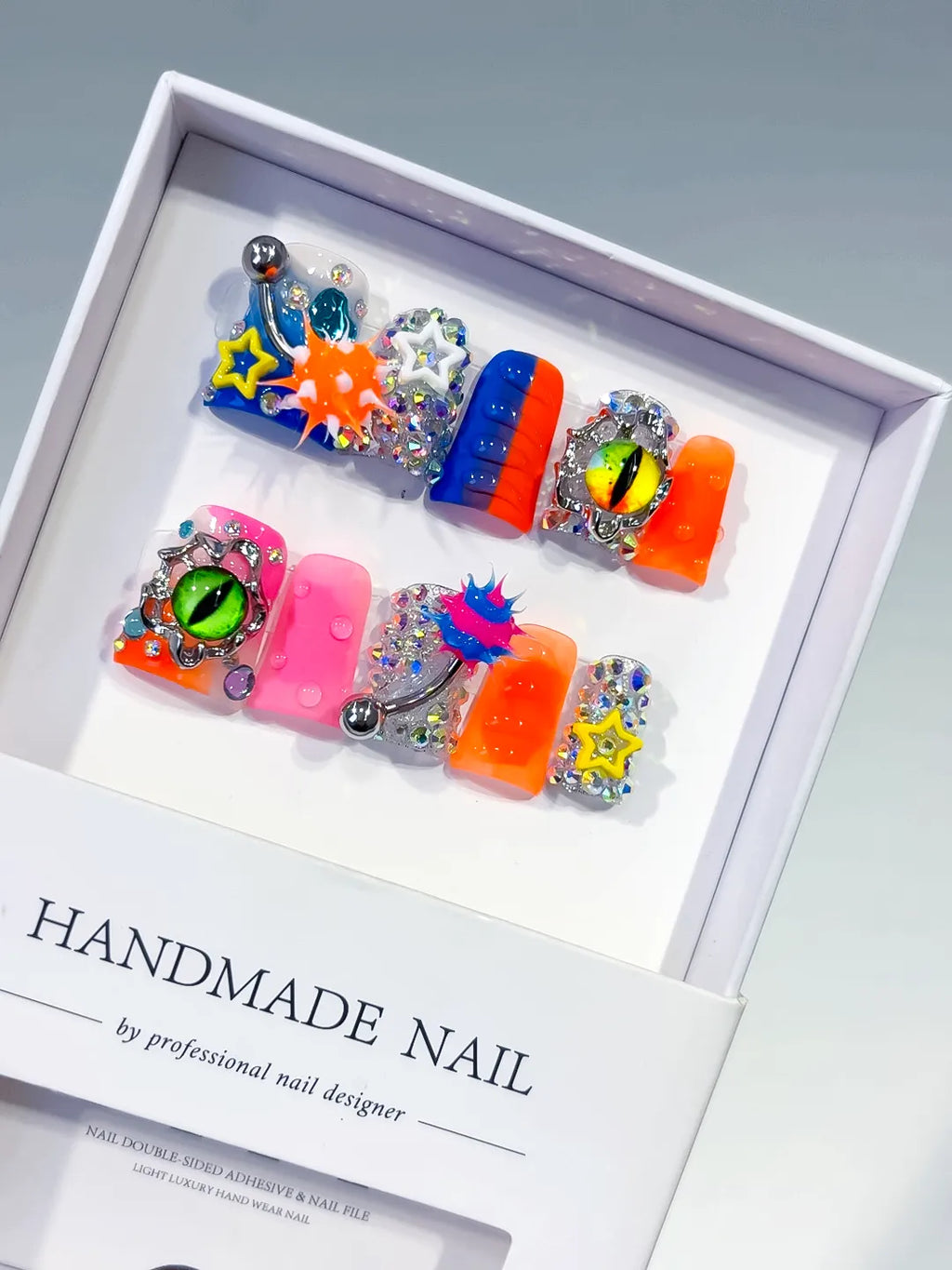 Blue Orange Pink Silver Black Yellow Abstract Star Eye Rhinestone 3D press on nails