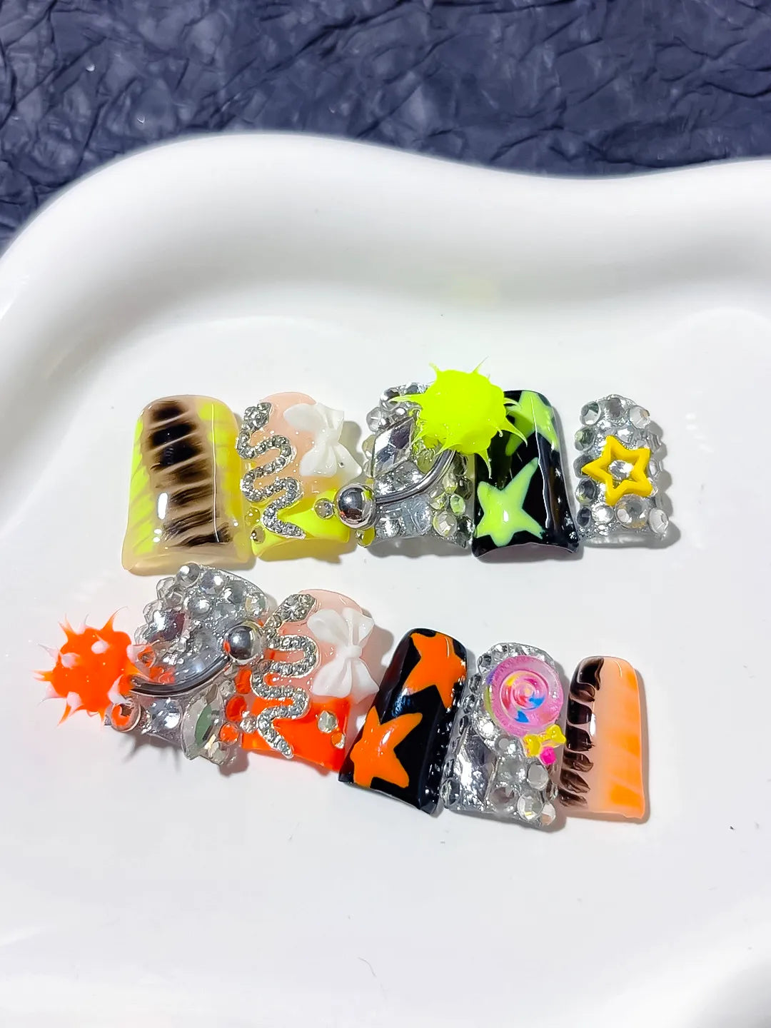 Blue Orange Pink Silver Black Yellow Abstract Star Eye Rhinestone 3D press on nails close up