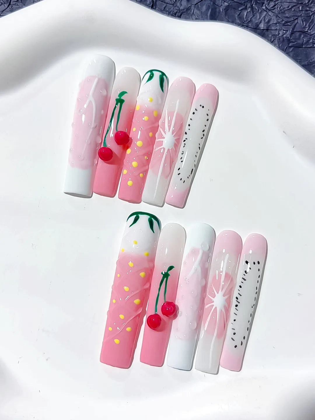 Pink White Green Black Abstract Cherry Floral press on nails close up