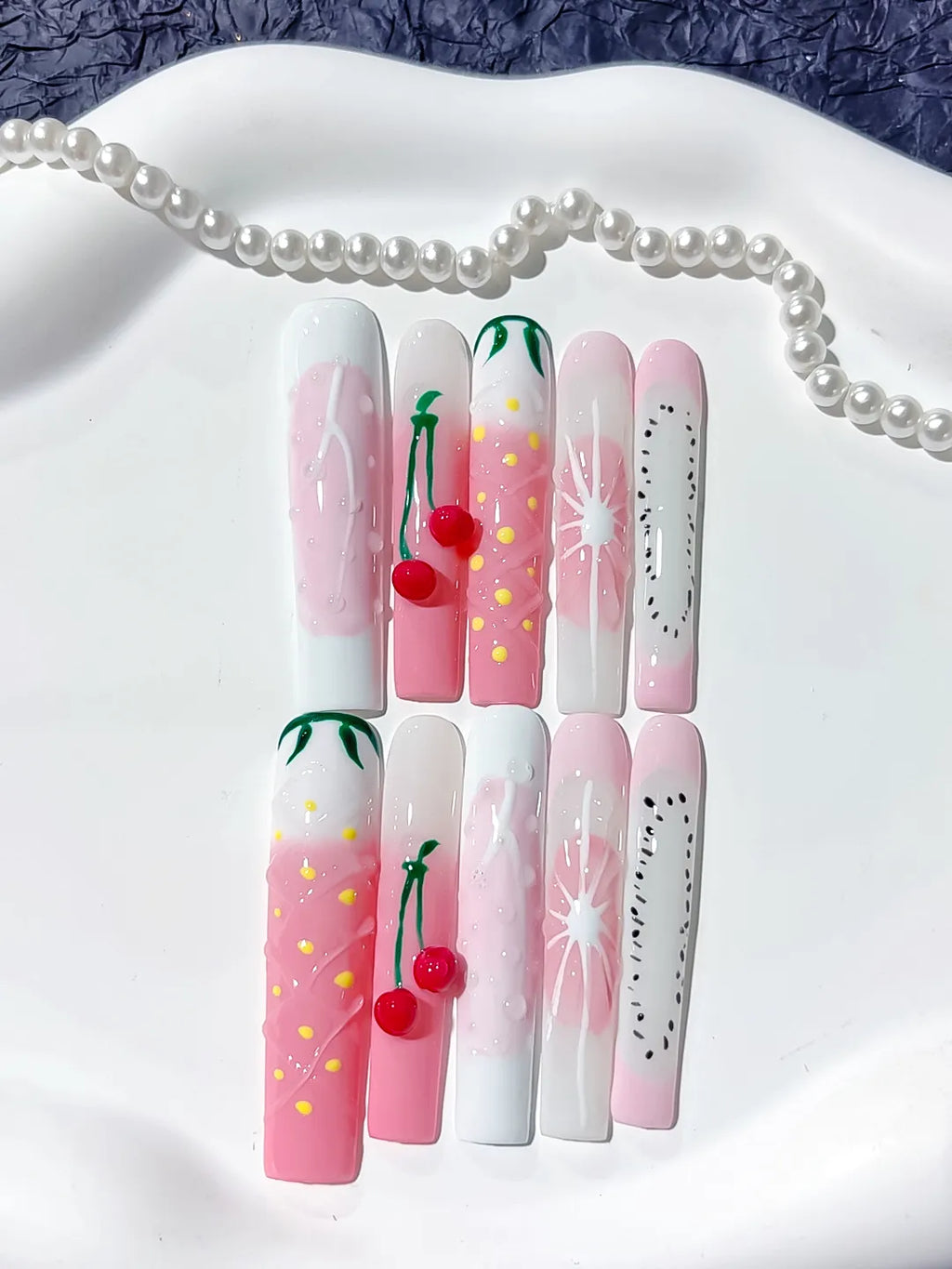Pink White Green Black Abstract Cherry Floral press on nails detail view