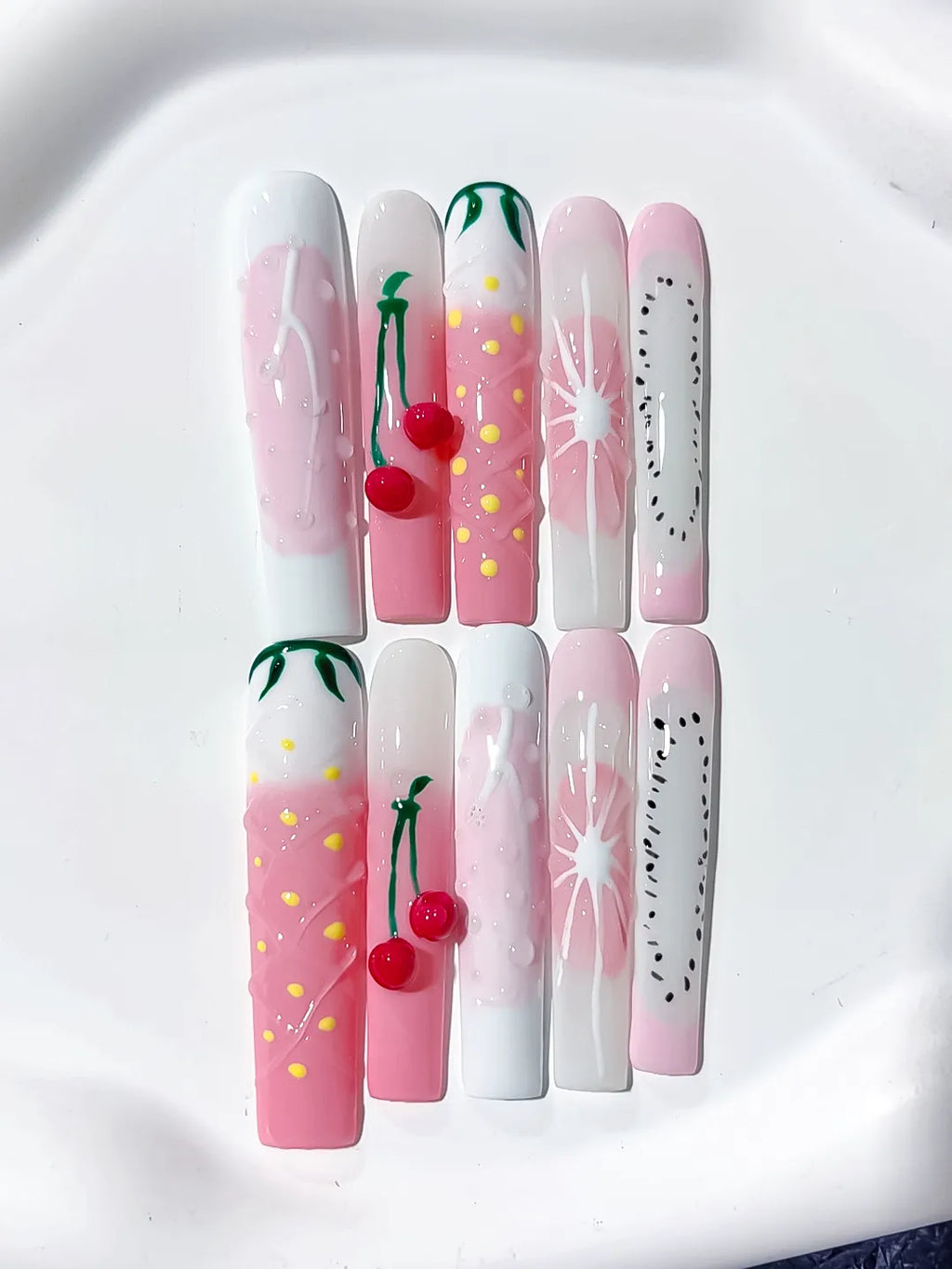 Pink White Green Black Abstract Cherry Floral press on nails detail view