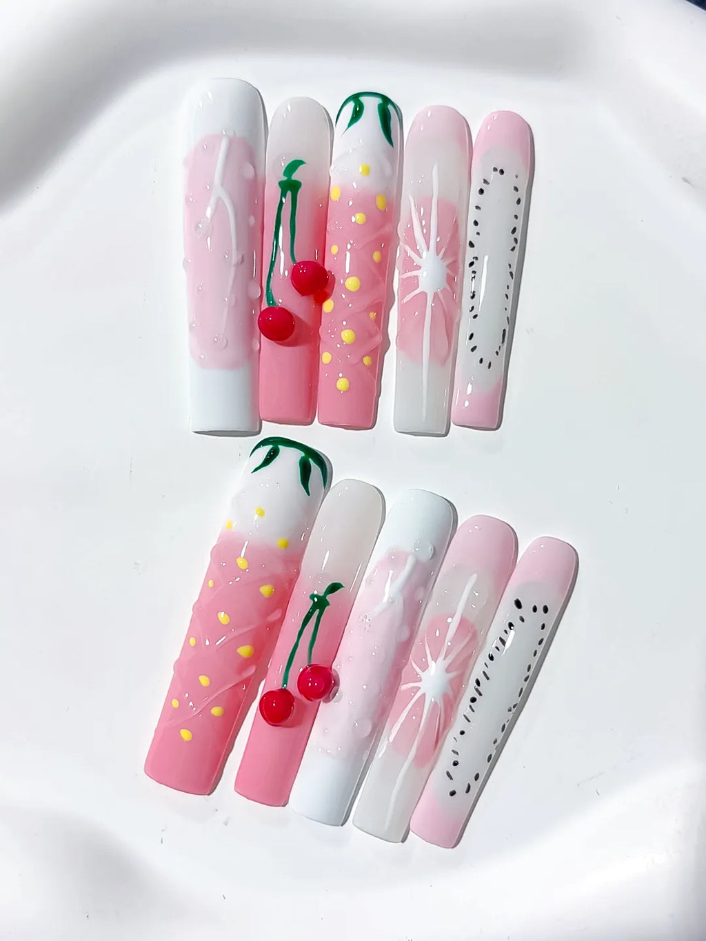 Pink White Green Black Abstract Cherry Floral press on nails detail view