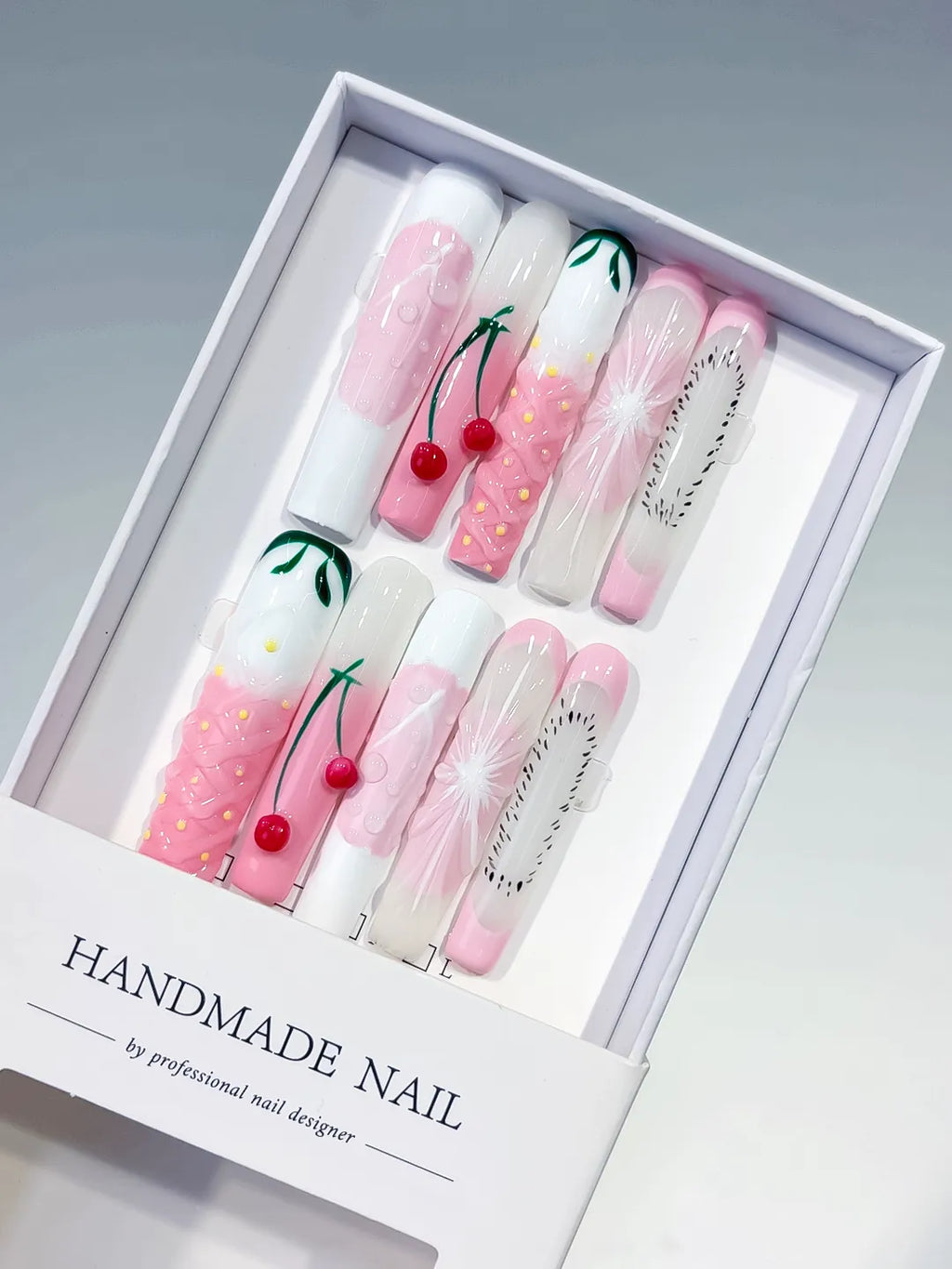 Pink White Green Black Abstract Cherry Floral press on nails