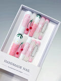 Pink White Green Black Abstract Cherry Floral press on nails