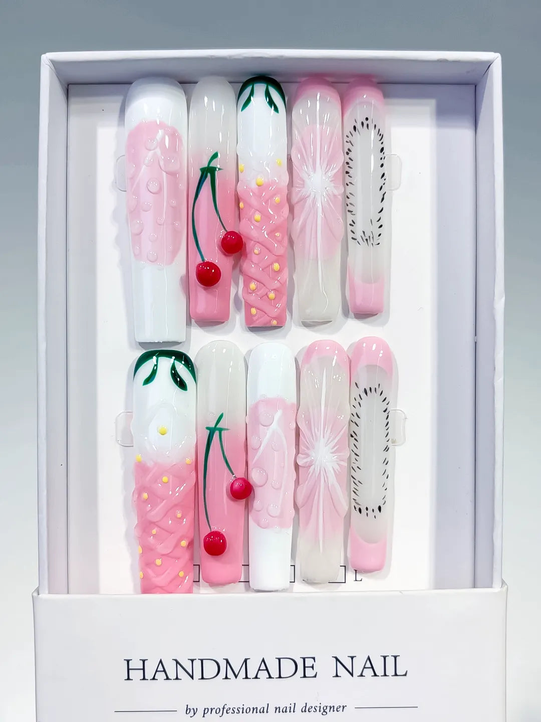 Pink White Green Black Abstract Cherry Floral press on nails full set view