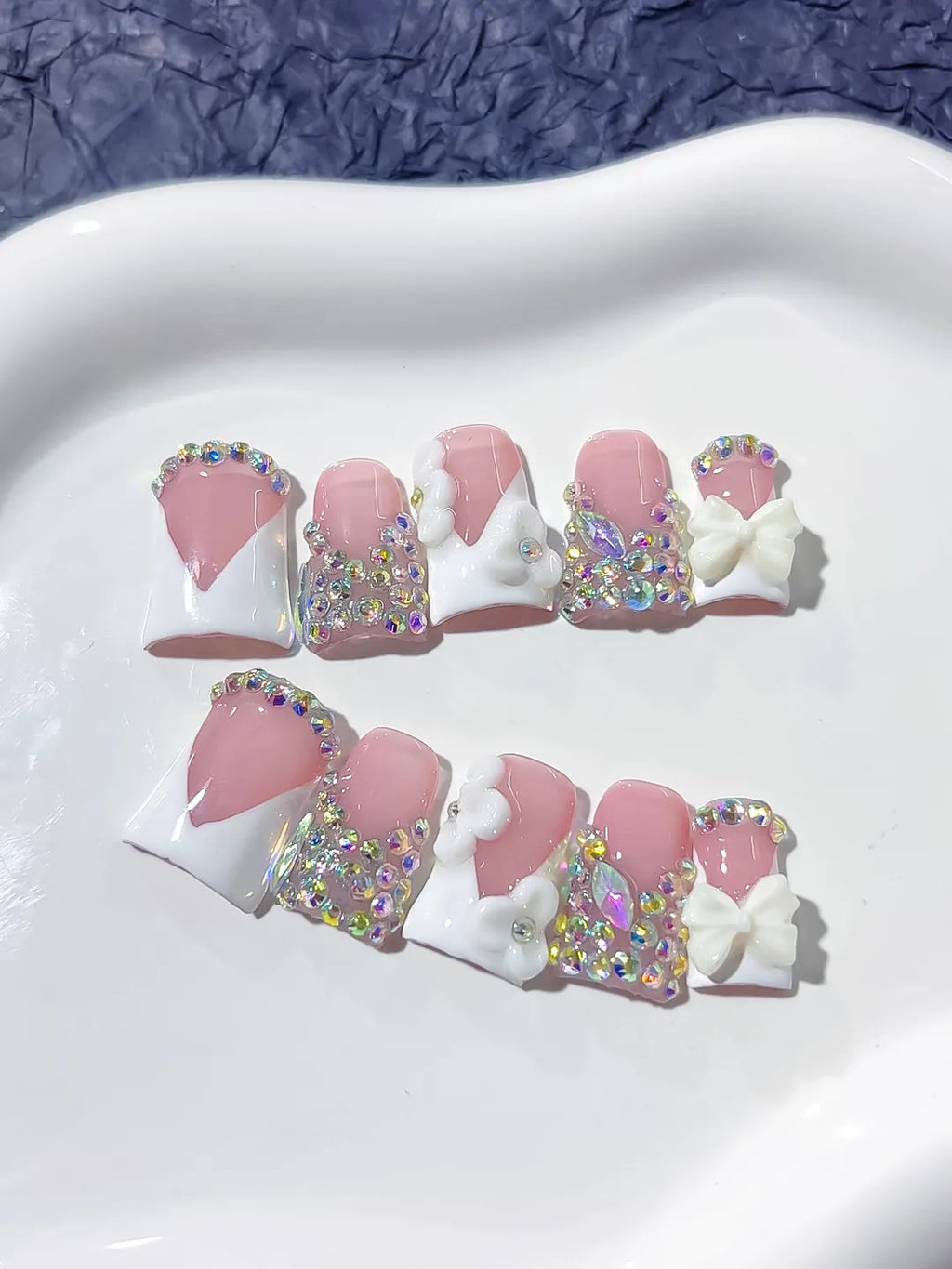 Nude Pink Silver Multicolor Glitter Heart 3D press on nails detail view