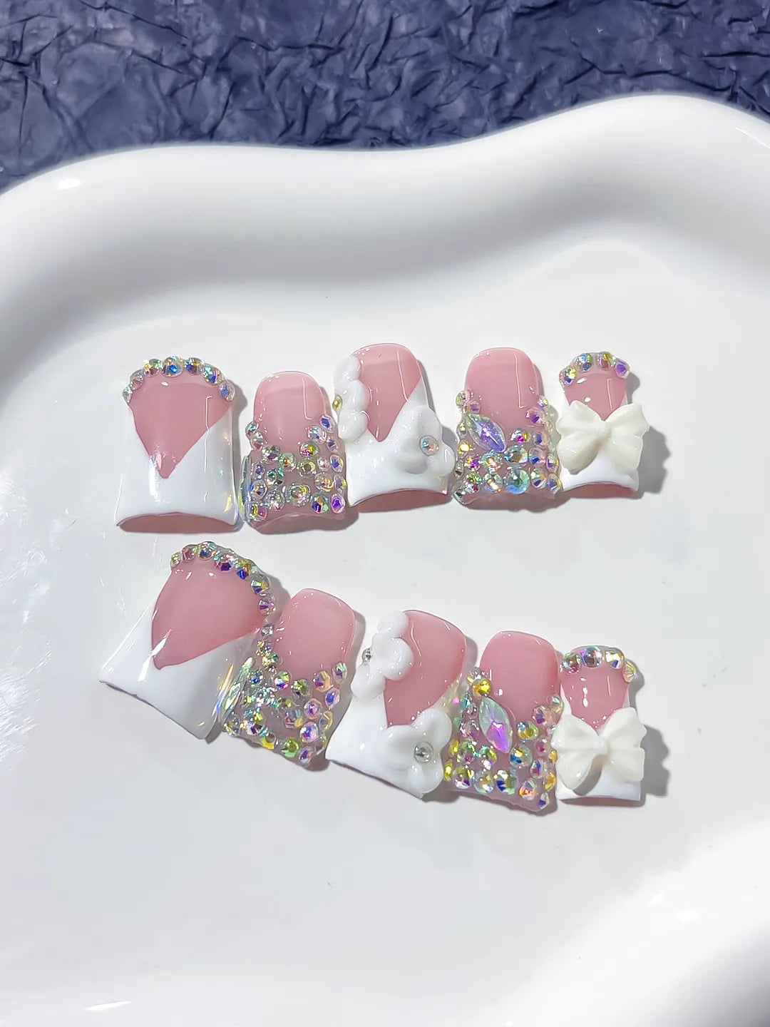 Nude Pink Silver Multicolor Glitter Heart 3D press on nails detail view