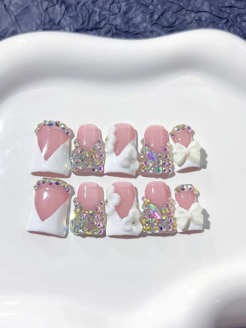 Nude Pink Silver Multicolor Glitter Heart 3D press on nails detail view