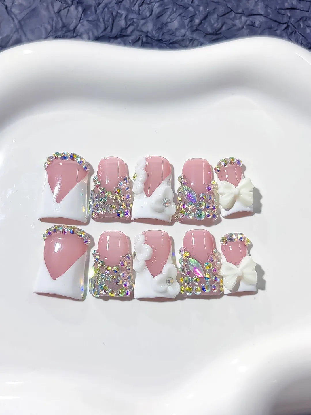Nude Pink Silver Multicolor Glitter Heart 3D press on nails detail view