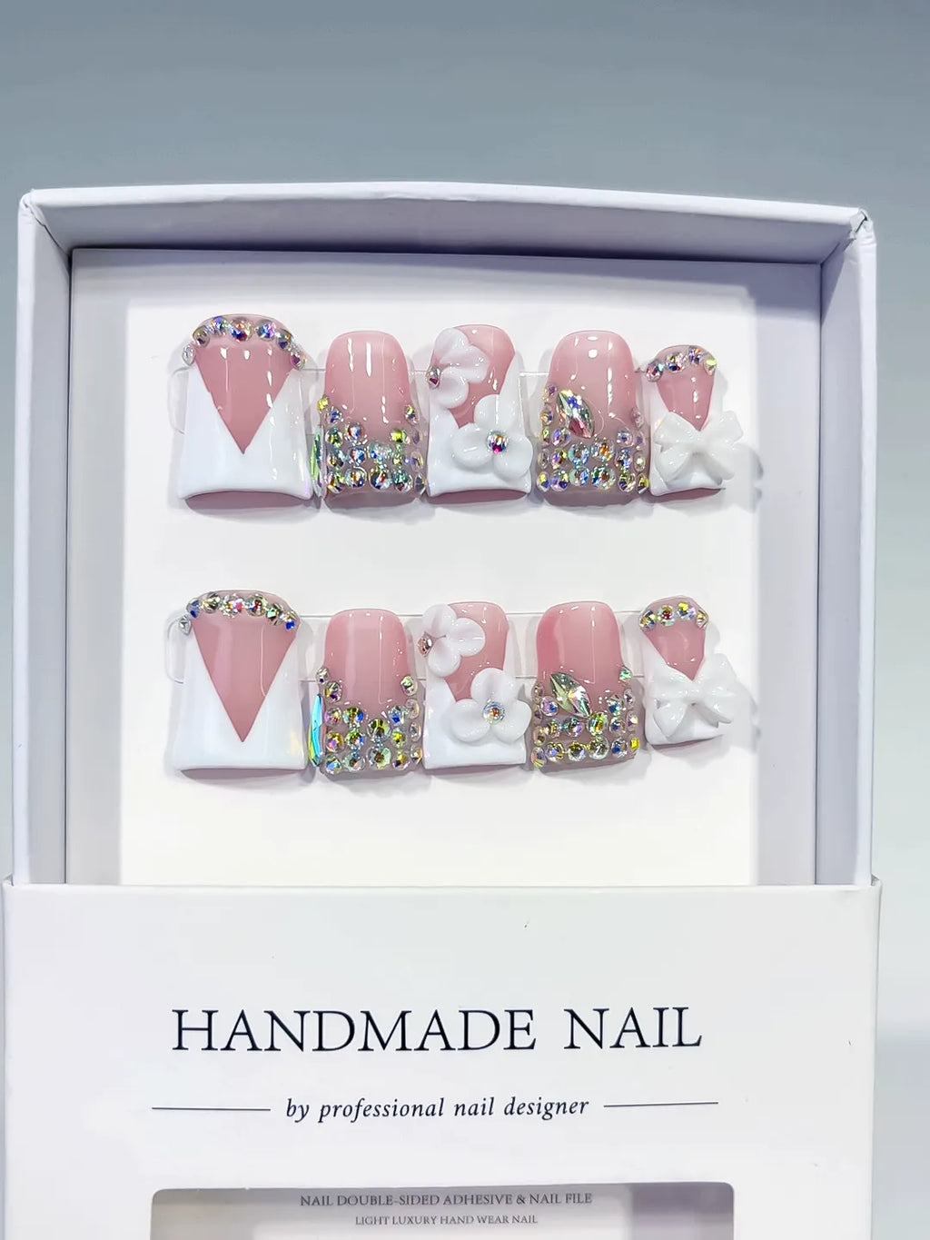Nude Pink Silver Multicolor Glitter Heart 3D press on nails full set view