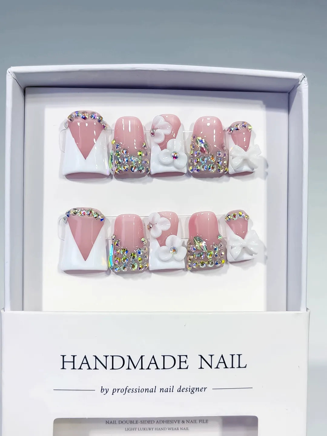 Nude Pink Silver Multicolor Glitter Heart 3D press on nails full set view