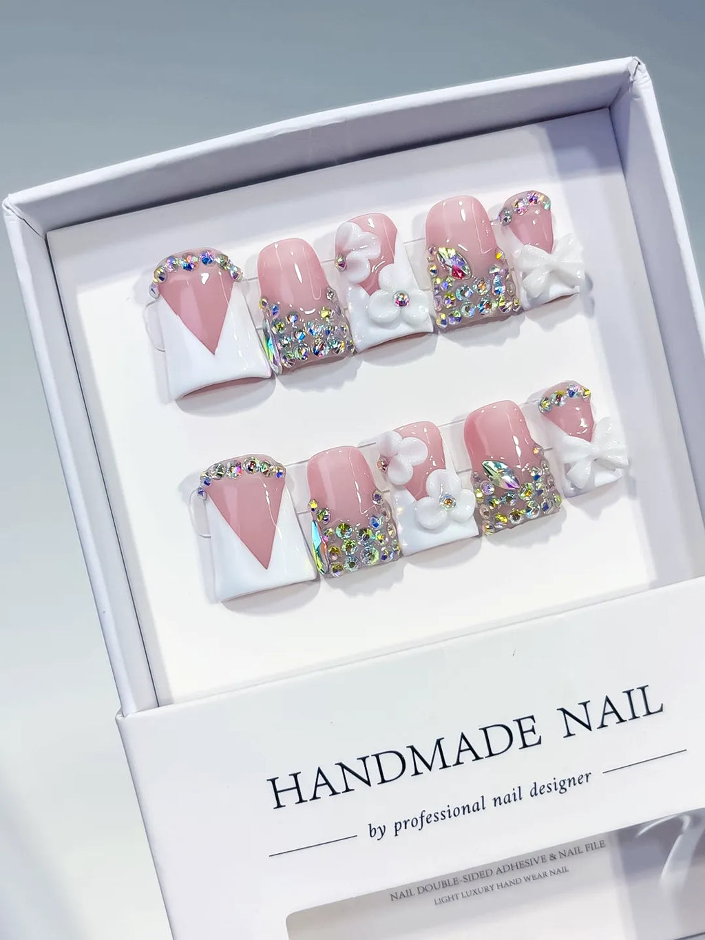 Nude Pink Silver Multicolor Glitter Heart 3D press on nails close up