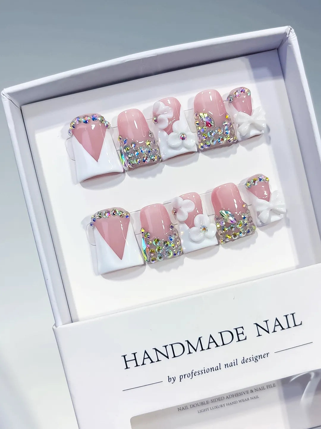 Nude Pink Silver Multicolor Glitter Heart 3D press on nails close up