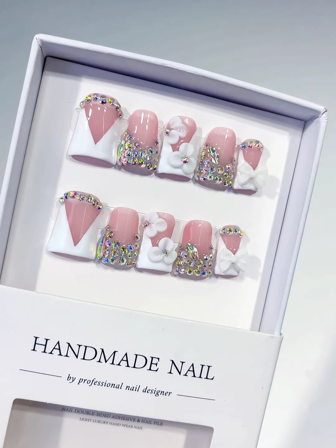 Nude Pink Silver Multicolor Glitter Heart 3D press on nails