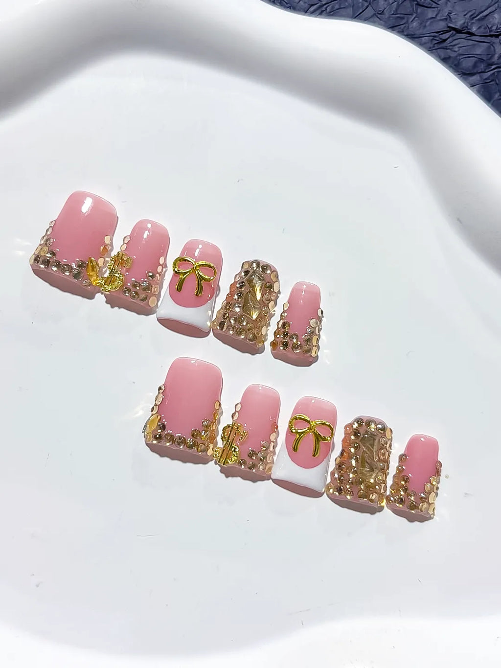 Pink White Gold Glitter Bow press on nails close up