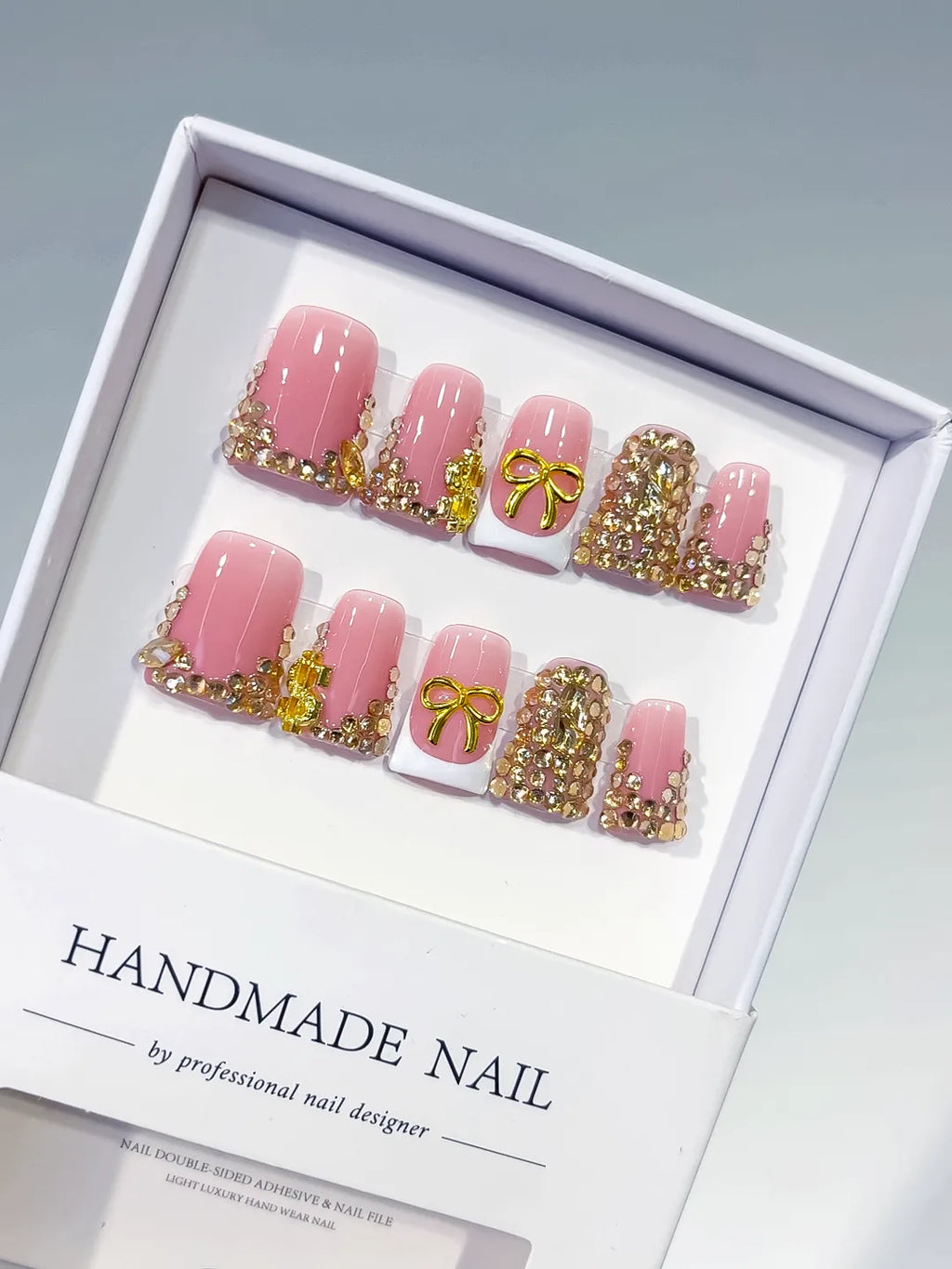 Pink White Gold Glitter Bow press on nails