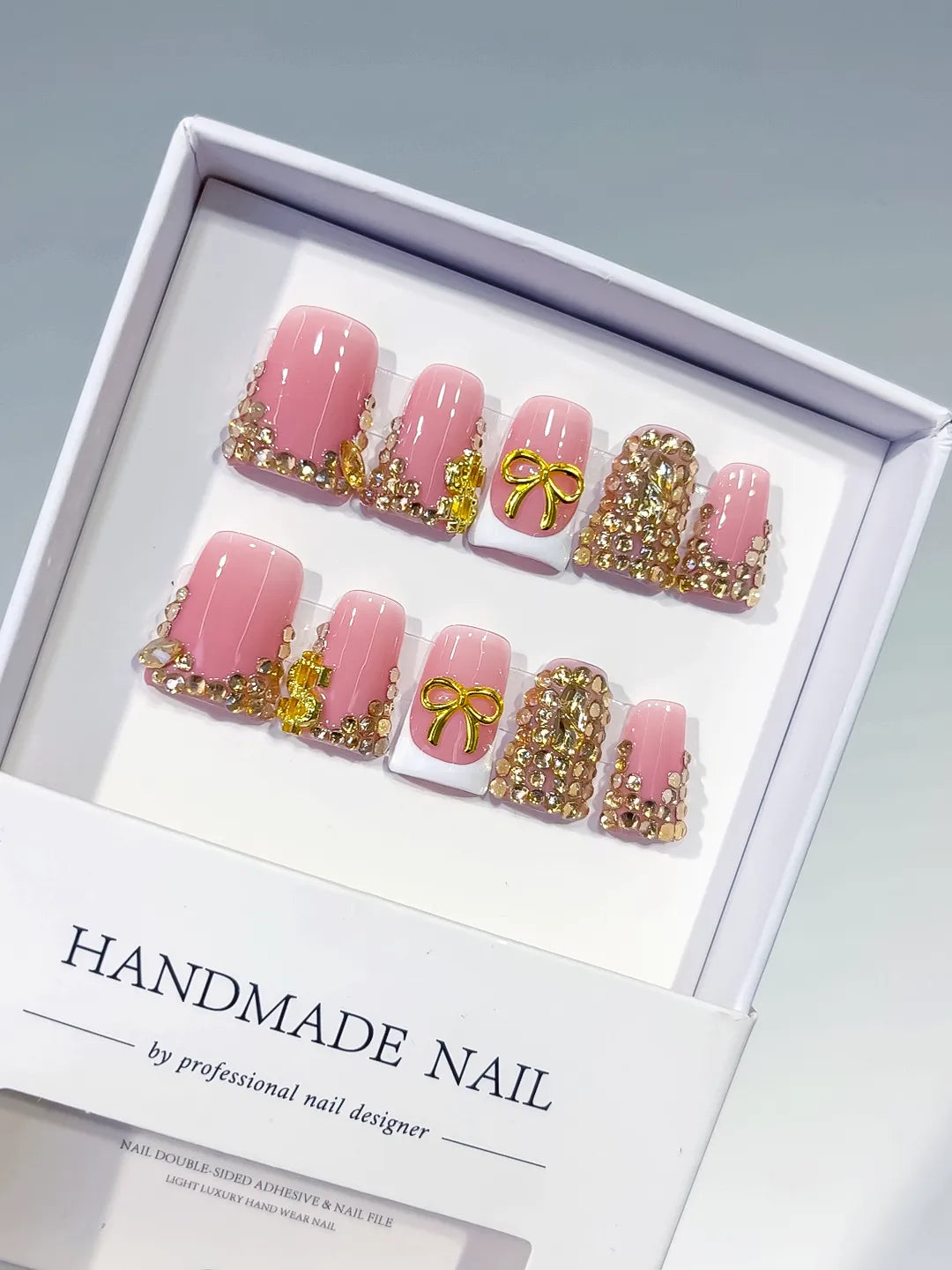 Pink White Gold Glitter Bow press on nails