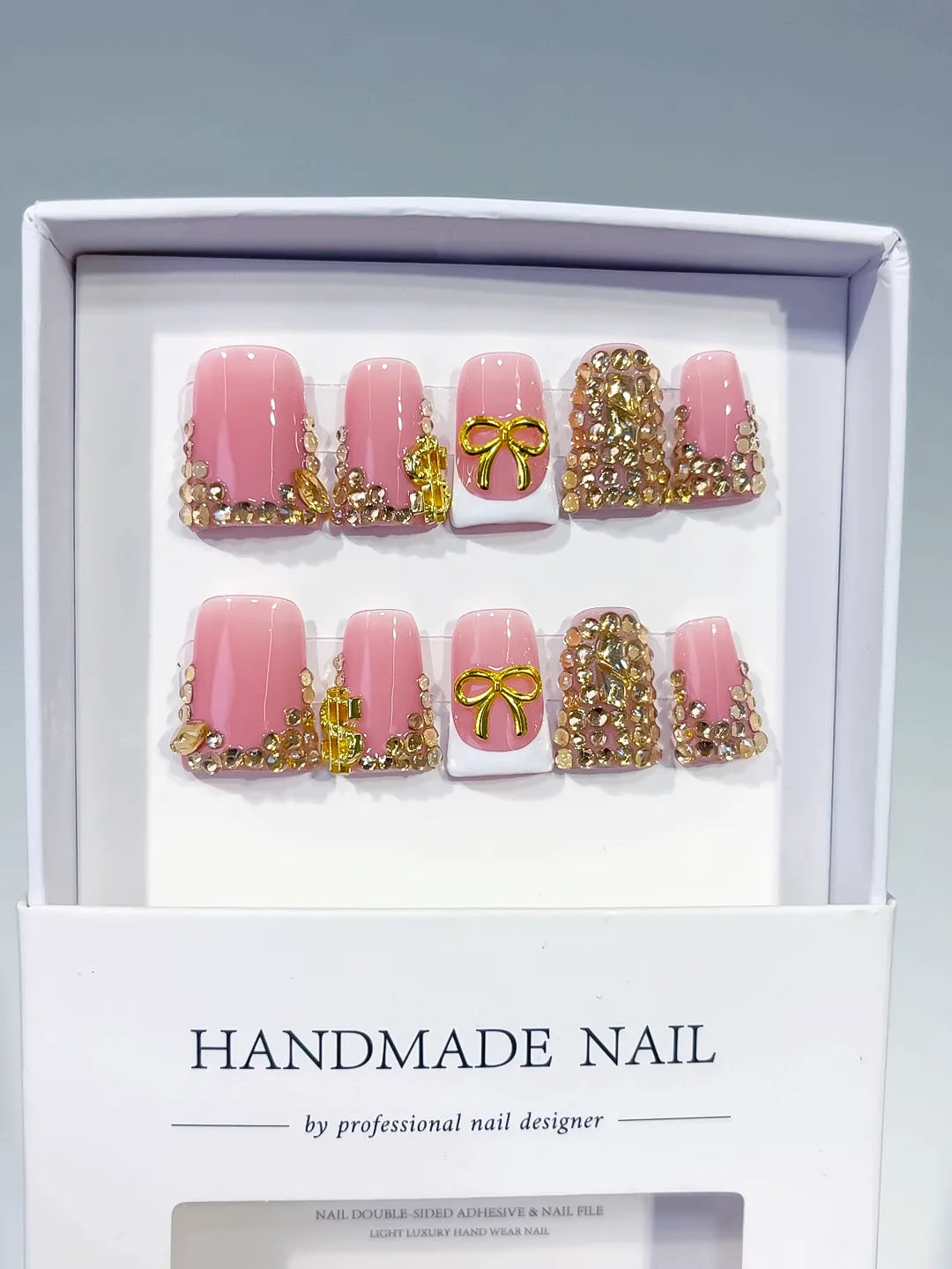 Pink White Gold Glitter Bow press on nails full set view