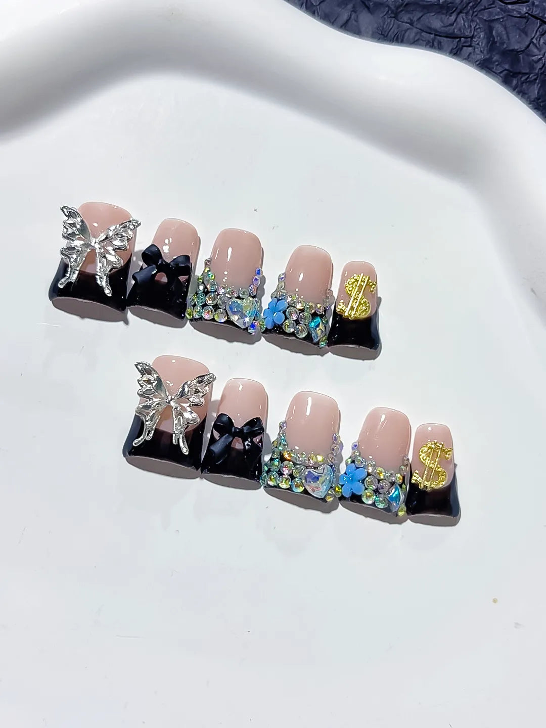 Nude Black White Blue Gold Silver Abstract Bow Butterfly Flower Rhinestone press on nails detail view