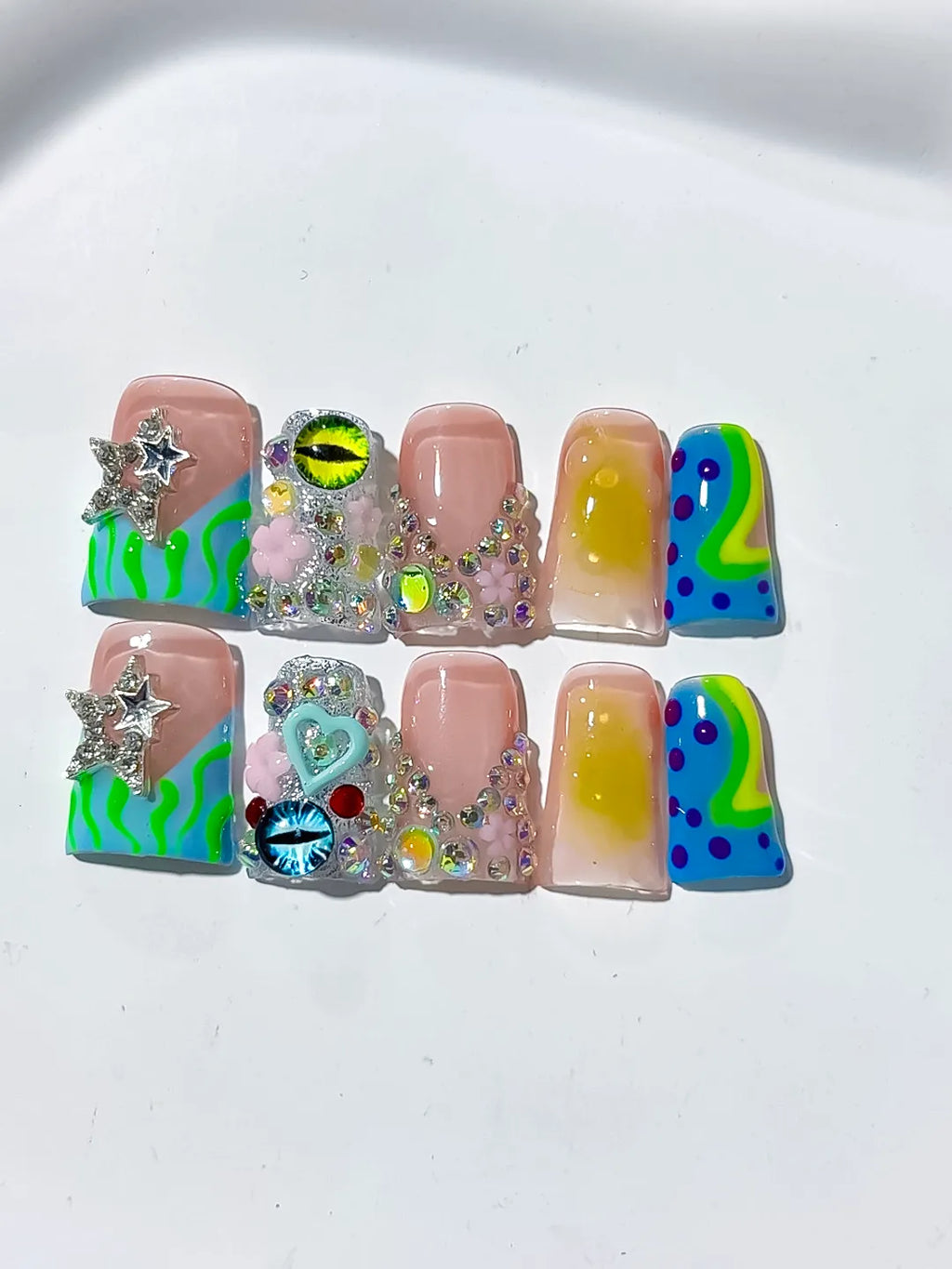 Nude Green Blue Yellow Pink Silver Abstract Flower Heart Eye Star Rhinestone press on nails detail view