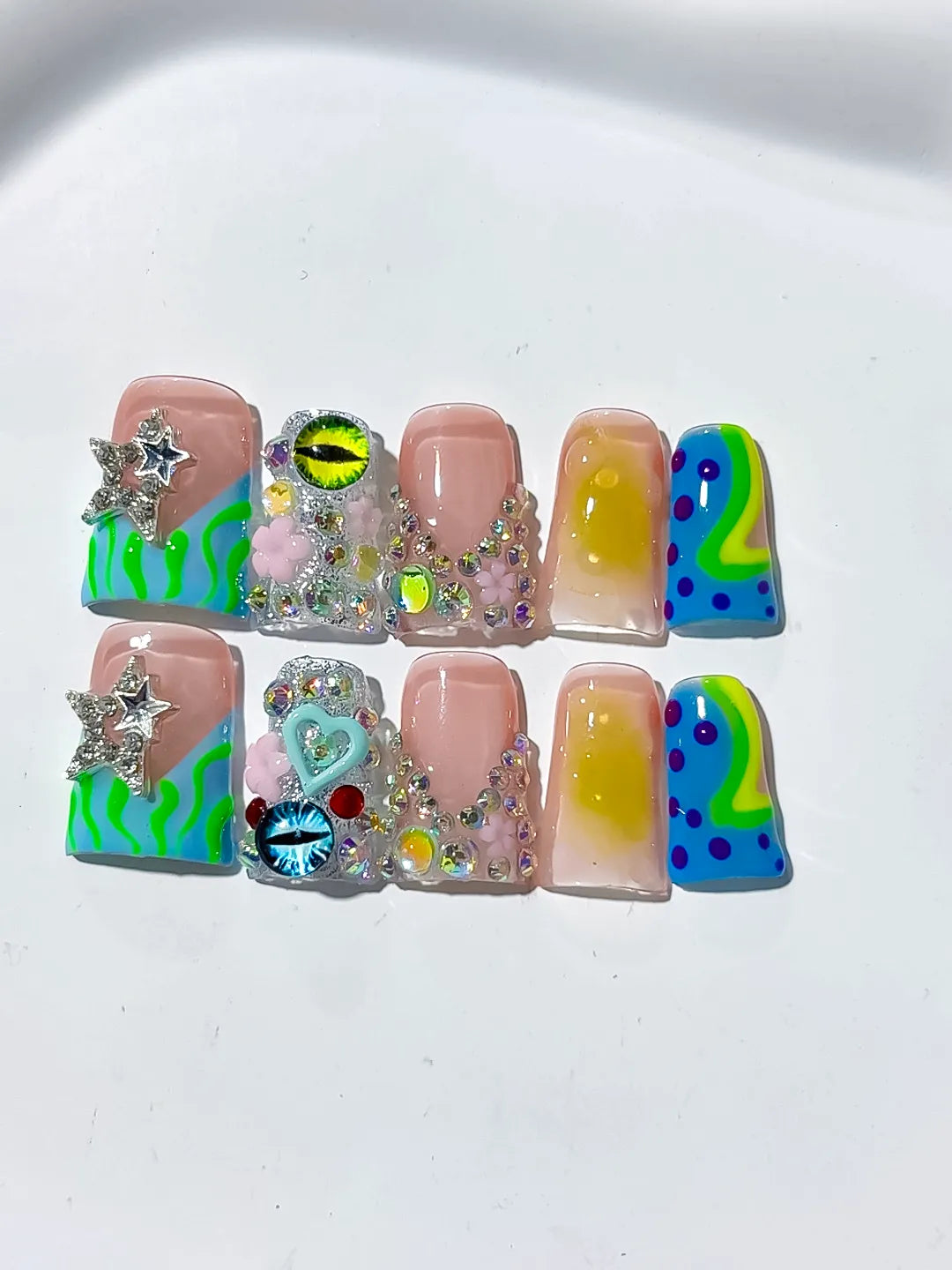 Nude Green Blue Yellow Pink Silver Abstract Flower Heart Eye Star Rhinestone press on nails detail view