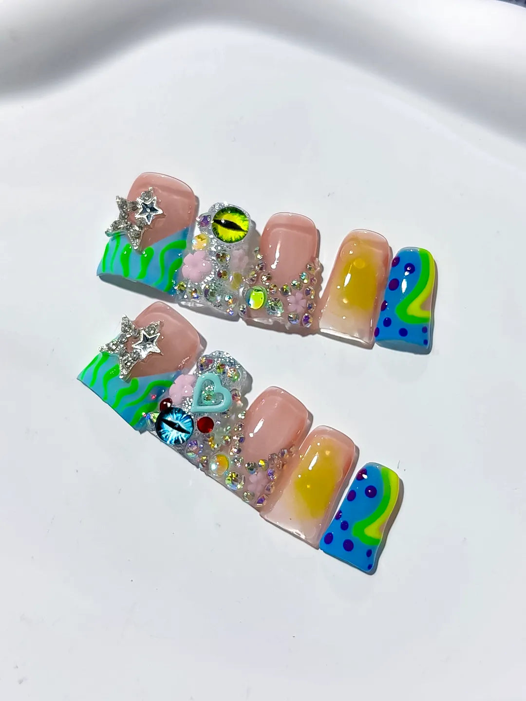 Nude Green Blue Yellow Pink Silver Abstract Flower Heart Eye Star Rhinestone press on nails detail view