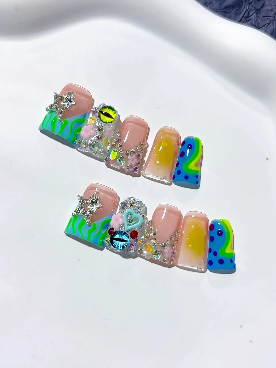 Nude Green Blue Yellow Pink Silver Abstract Flower Heart Eye Star Rhinestone press on nails detail view