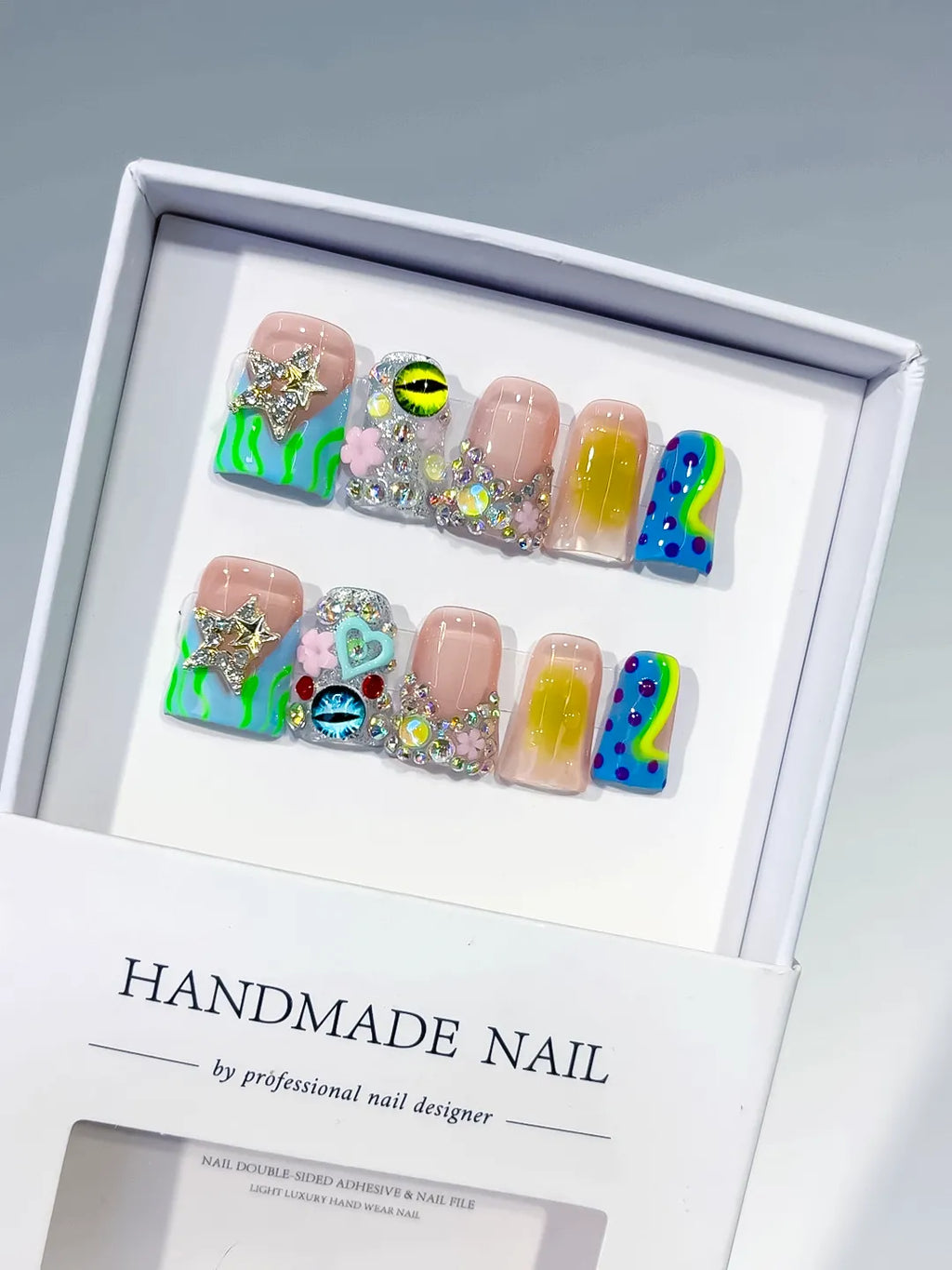 Nude Green Blue Yellow Pink Silver Abstract Flower Heart Eye Star Rhinestone press on nails