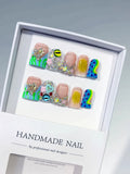 Nude Green Blue Yellow Pink Silver Abstract Flower Heart Eye Star Rhinestone press on nails