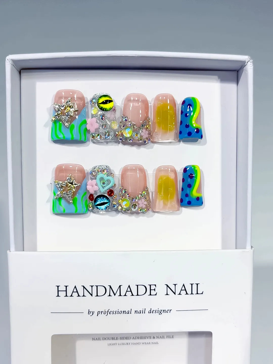 Nude Green Blue Yellow Pink Silver Abstract Flower Heart Eye Star Rhinestone press on nails full set view