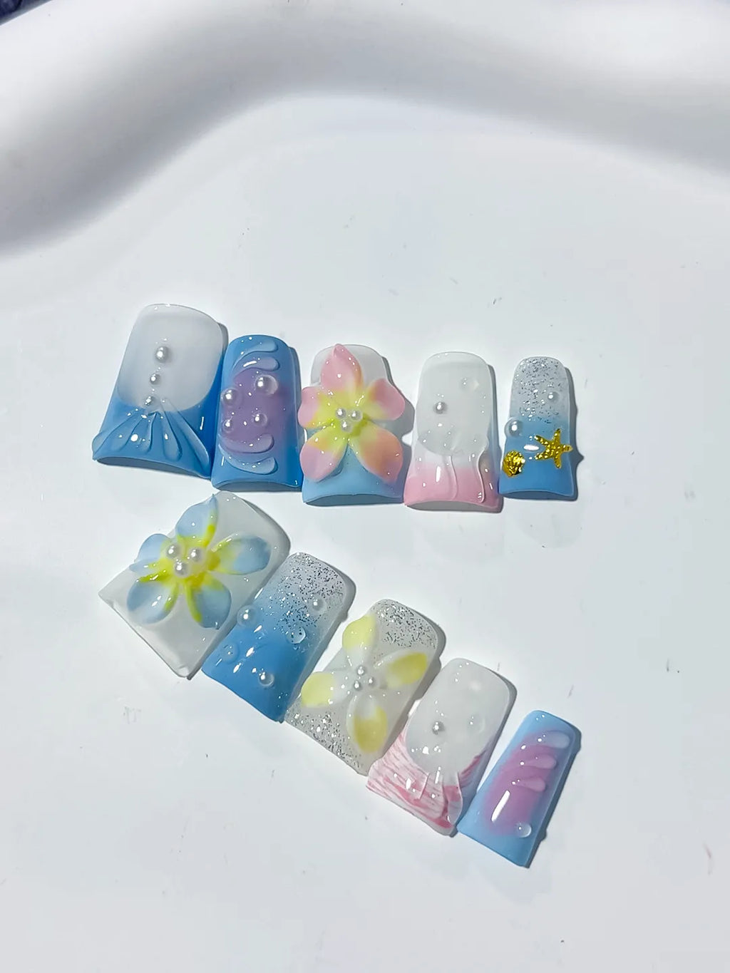 Blue White Yellow Pink Silver Abstract Flower Glitter Pearl 3D press on nails close up