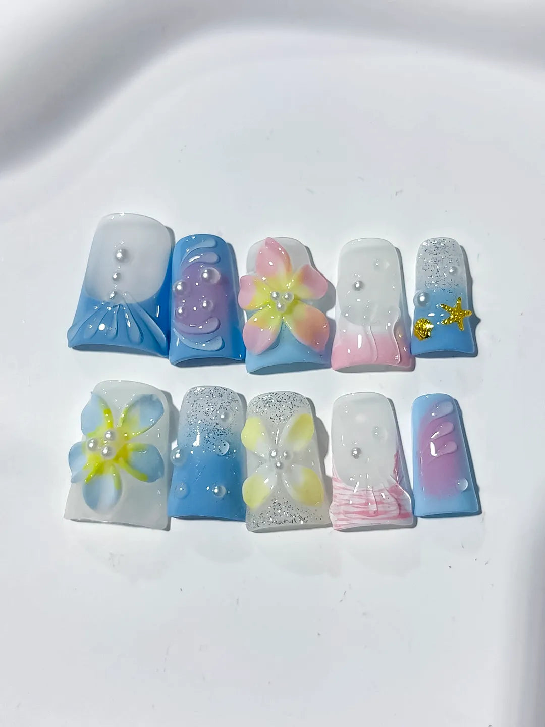 Blue White Yellow Pink Silver Abstract Flower Glitter Pearl 3D press on nails detail view