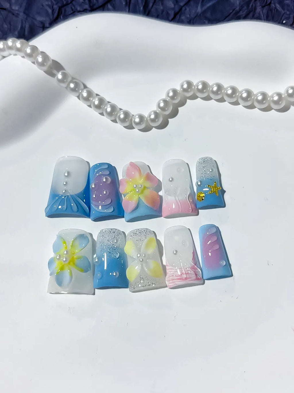Blue White Yellow Pink Silver Abstract Flower Glitter Pearl 3D press on nails detail view