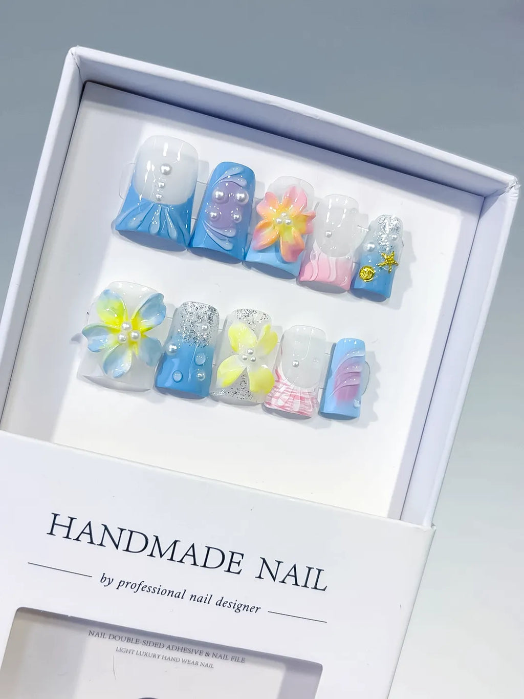 Blue White Yellow Pink Silver Abstract Flower Glitter Pearl 3D press on nails