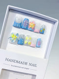 Blue White Yellow Pink Silver Abstract Flower Glitter Pearl 3D press on nails