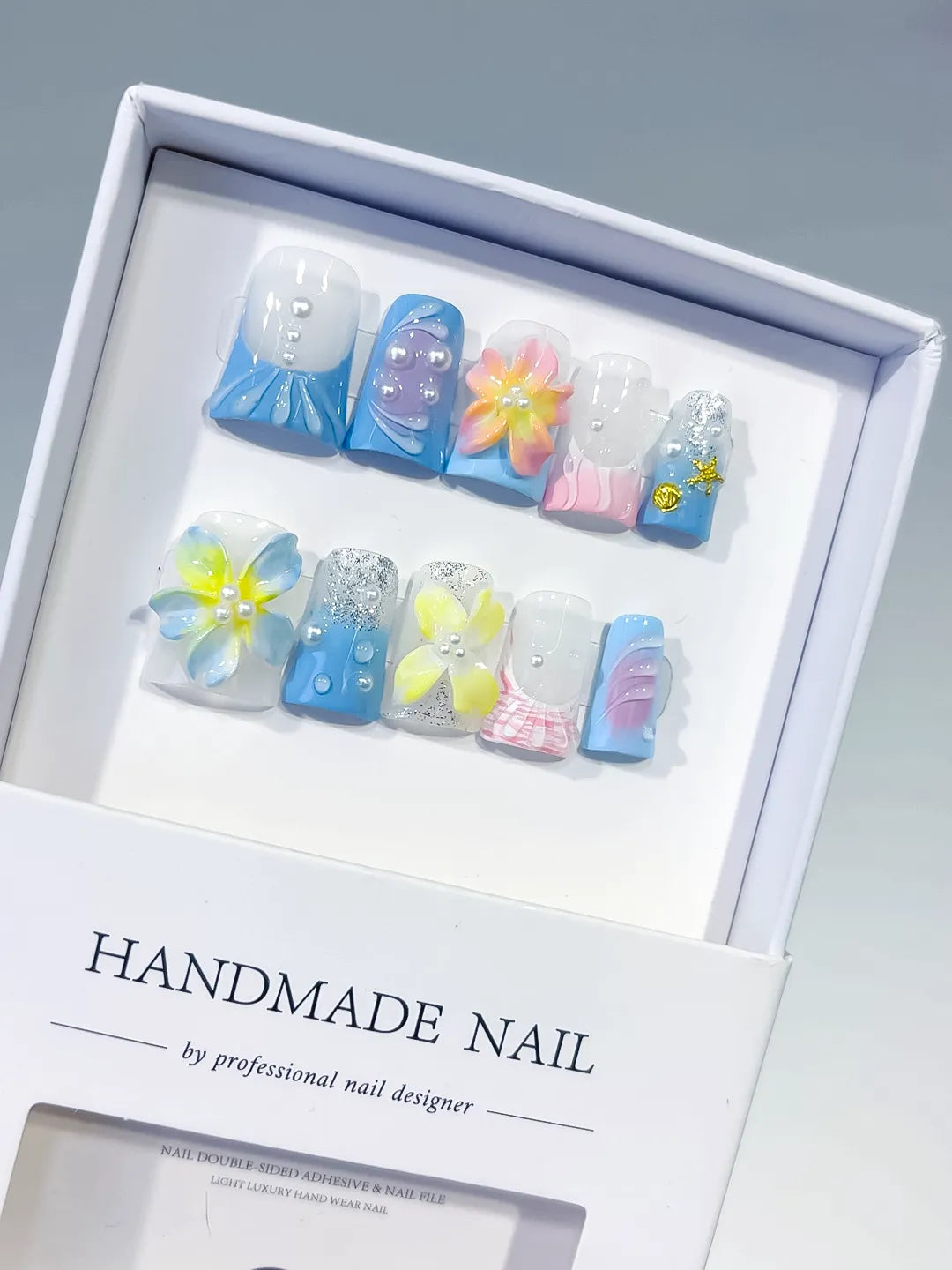 Blue White Yellow Pink Silver Abstract Flower Glitter Pearl 3D press on nails