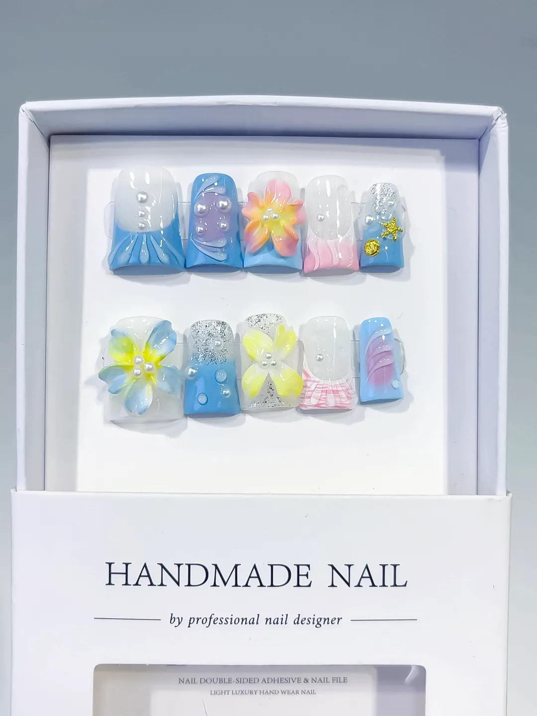 Blue White Yellow Pink Silver Abstract Flower Glitter Pearl 3D press on nails full set view