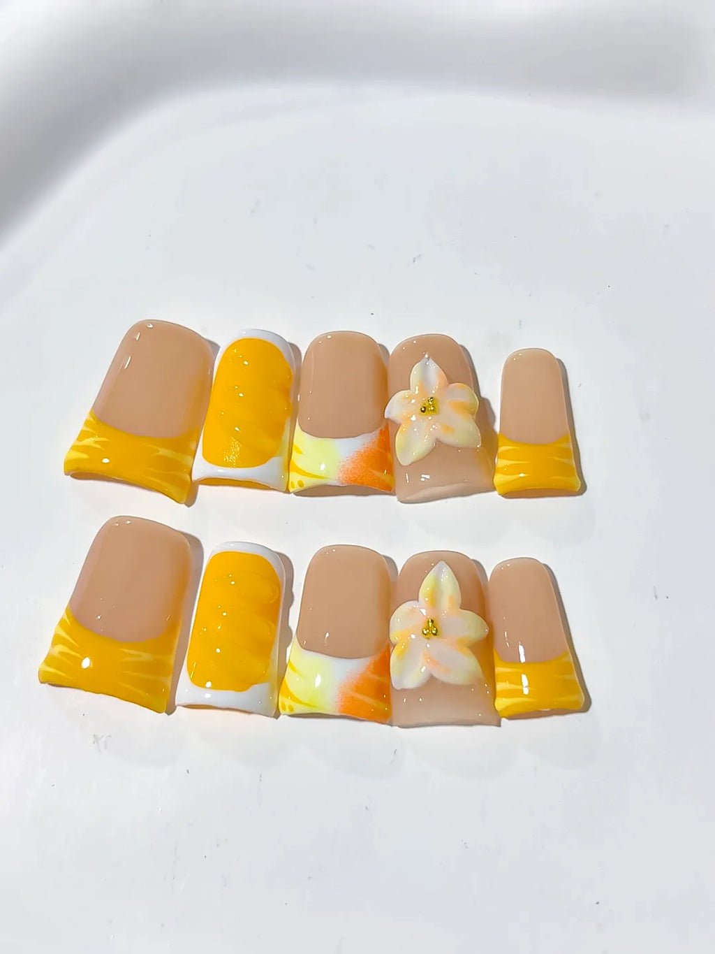 Nude Yellow White French tip Flower press on nails close up