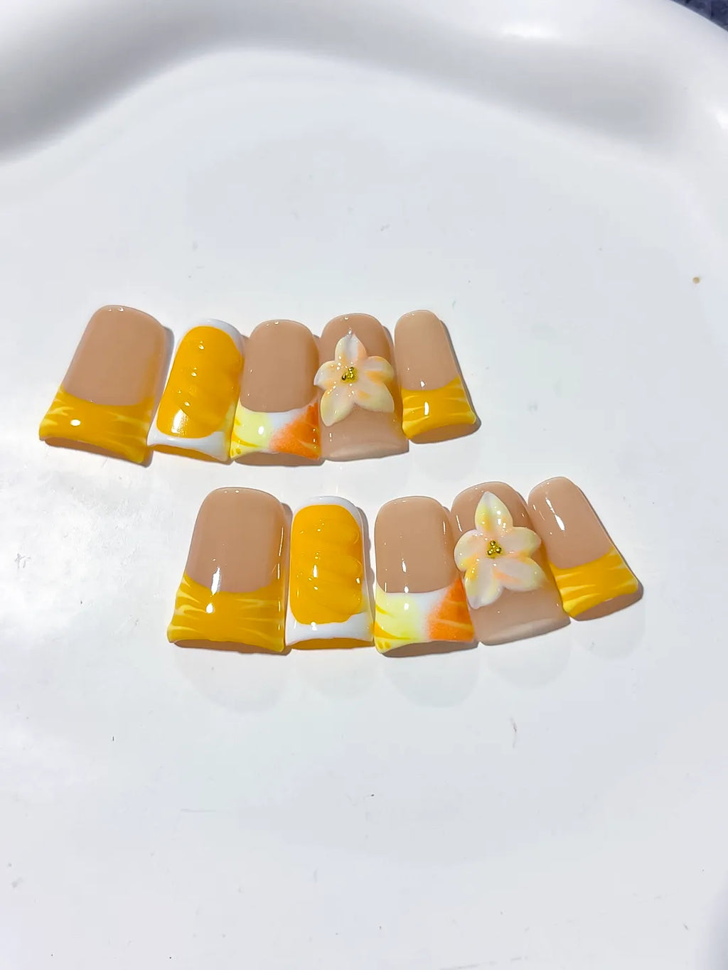 Nude Yellow White French tip Flower press on nails detail view