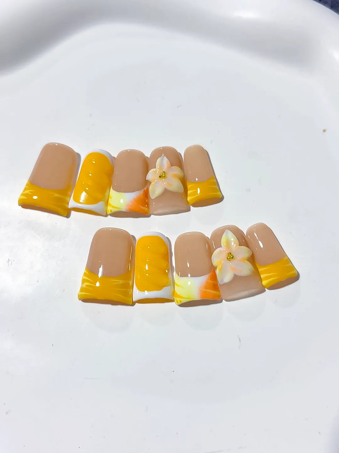 Nude Yellow White French tip Flower press on nails detail view