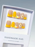 Nude Yellow White French tip Flower press on nails