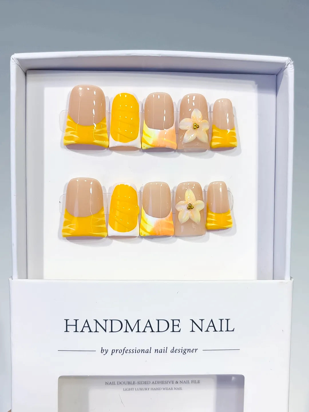 Nude Yellow White French tip Flower press on nails full set view