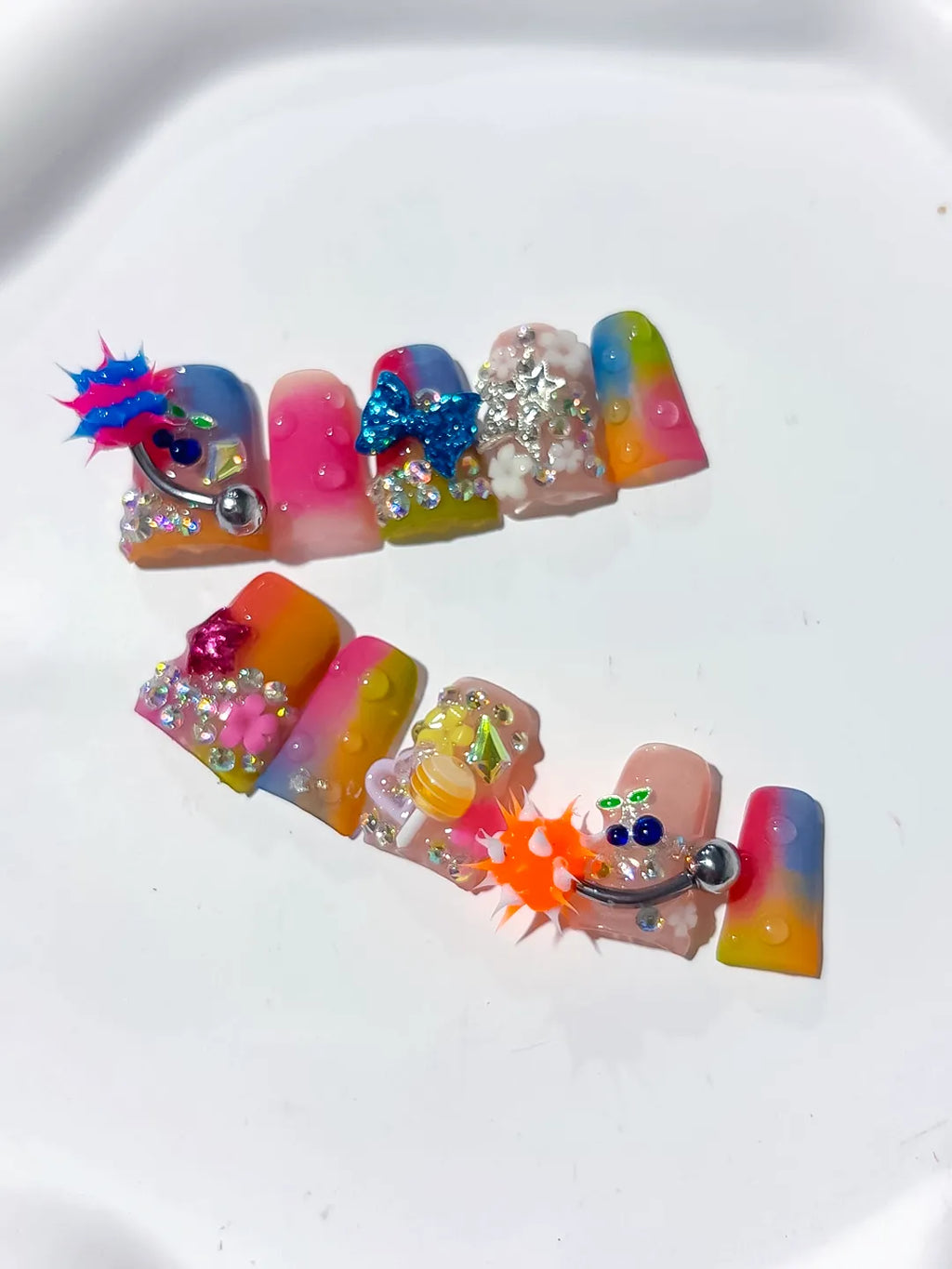 Pink Blue Yellow Orange Silver Multicolor Abstract Bow Flower Star Rhinestone 3D press on nails detail view