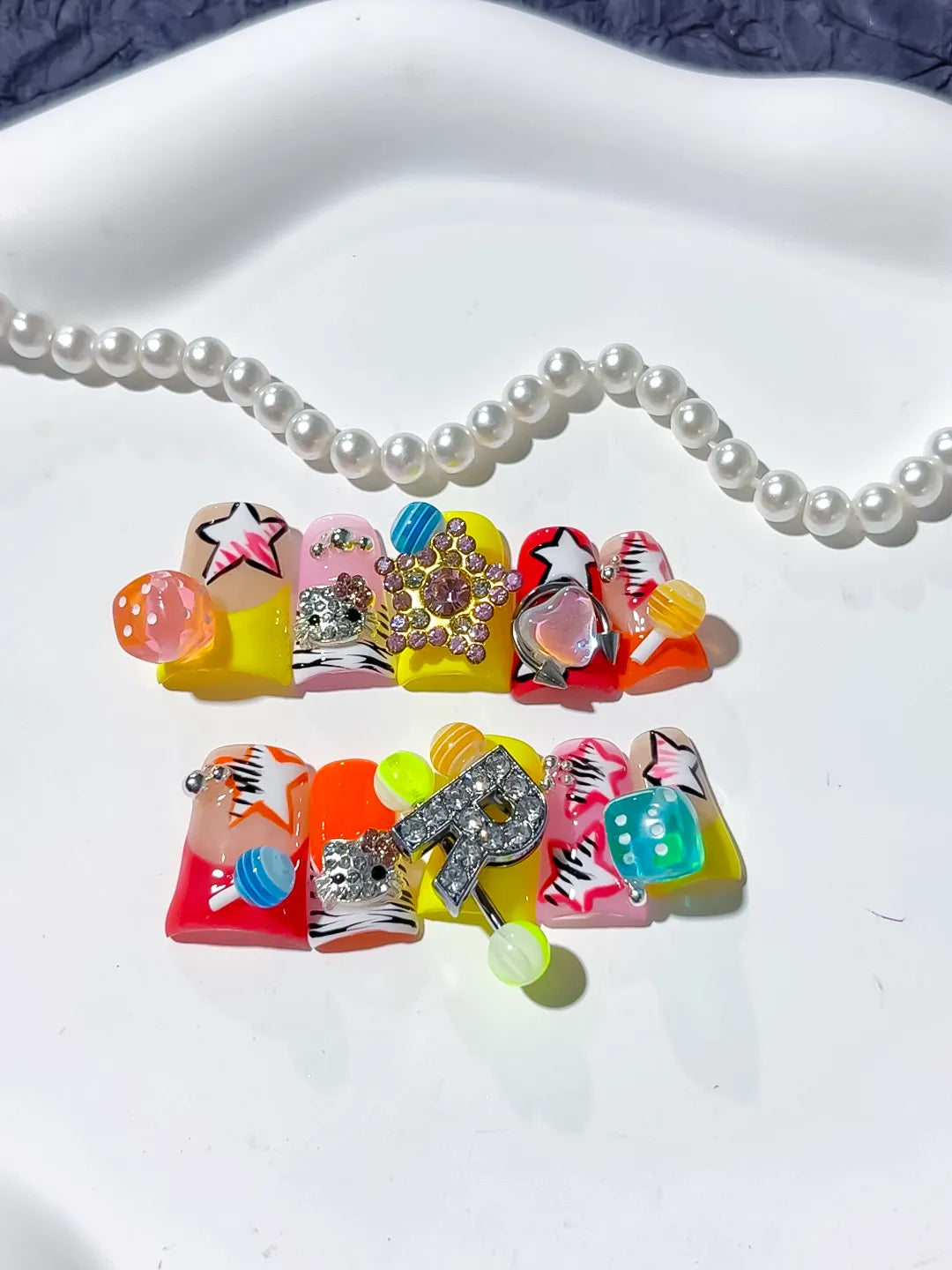 Orange Pink Yellow Red Silver Abstract Star Letter Flower Rhinestone 3D press on nails close up