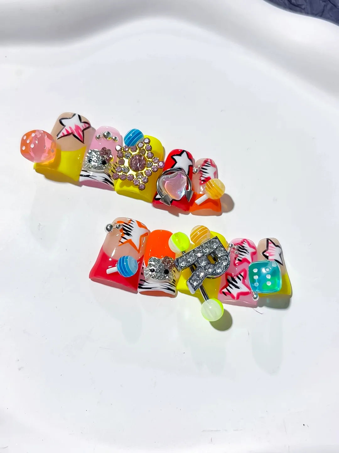Orange Pink Yellow Red Silver Abstract Star Letter Flower Rhinestone 3D press on nails detail view